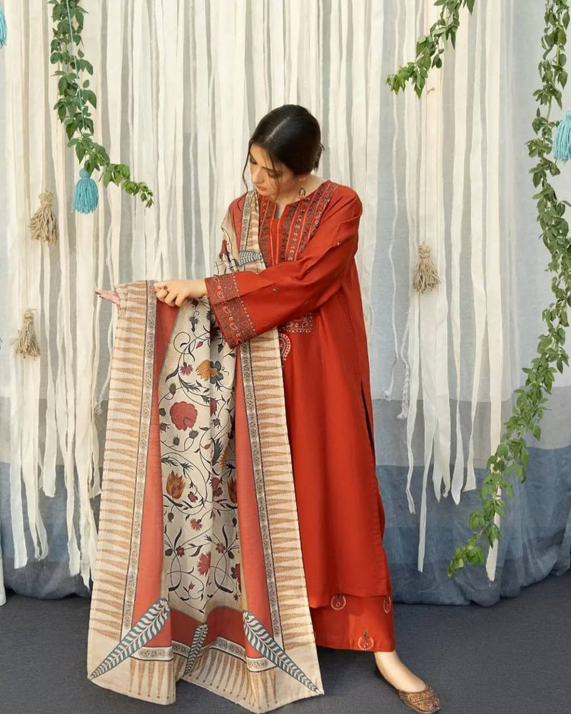 UROOJ  EMB 3Pc With MONAR DUPPATA